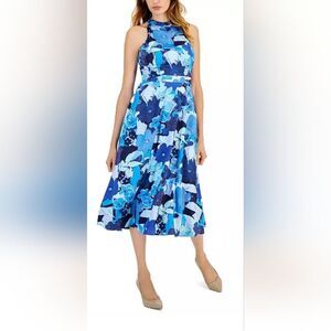 Tahari ASL Tie-Back Sleeveless Floral Midi Dress NWT Size 10 Blue